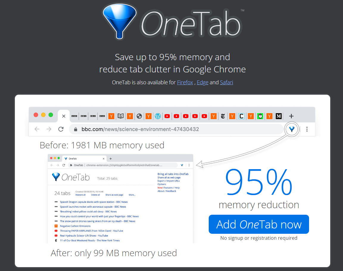 Screenshot of OneTab website splash page